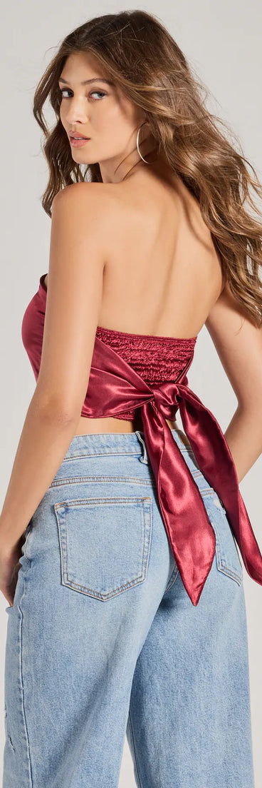 The Chic Style Satin Cropped Tube Top in burgundy with a modern design and trendy look is part of the latest women's tops collection to elevate your 2025 wardrobe.
