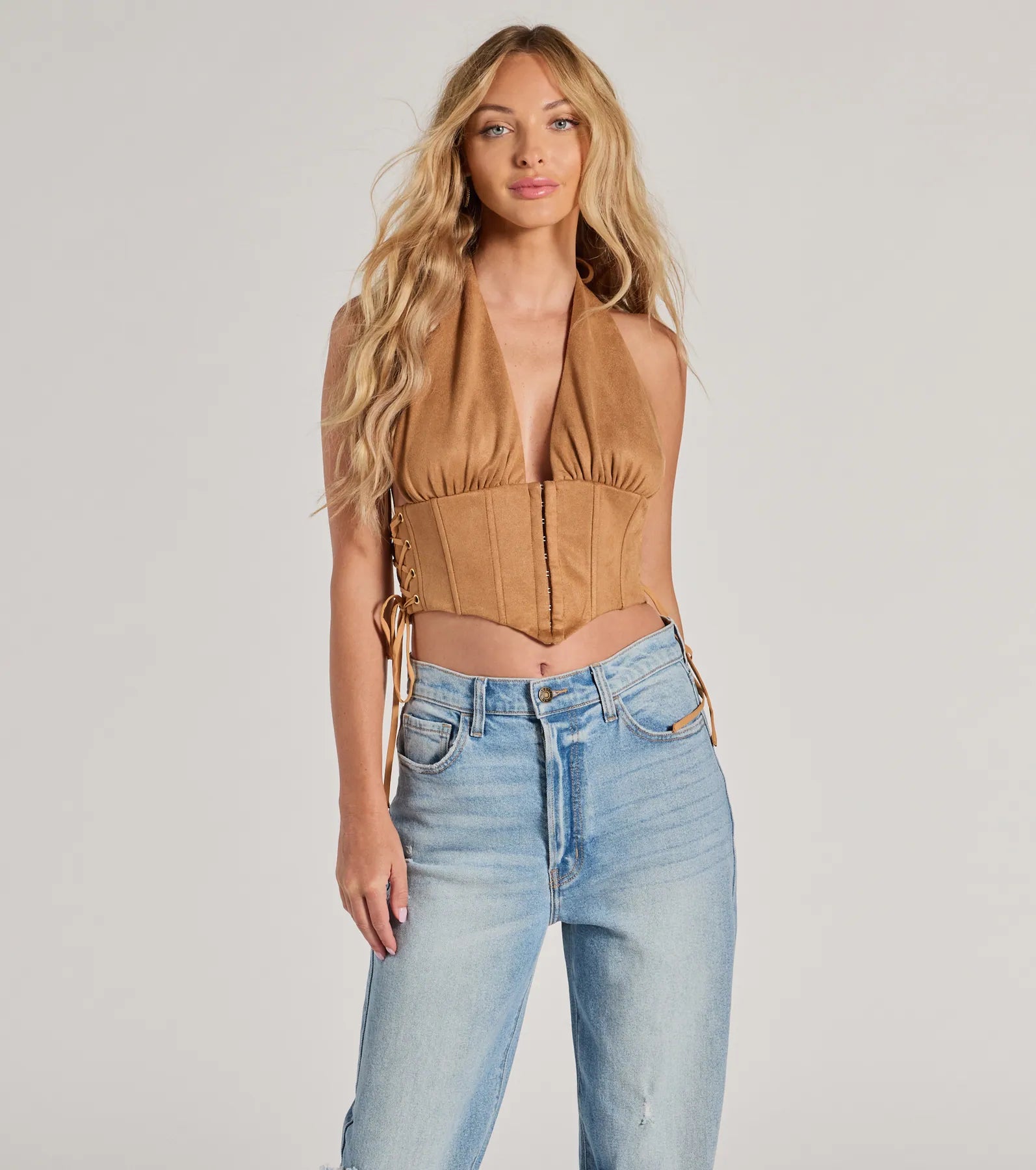 Chic Vibes Faux Suede Halter Cropped Corset Top | Windsor