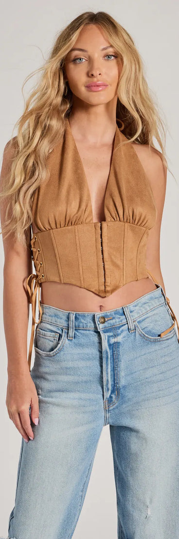 The Chic Vibes Faux Suede Halter Cropped Corset Top in tan with a modern design and trendy look is part of the latest women's tops collection to elevate your 2025 wardrobe.