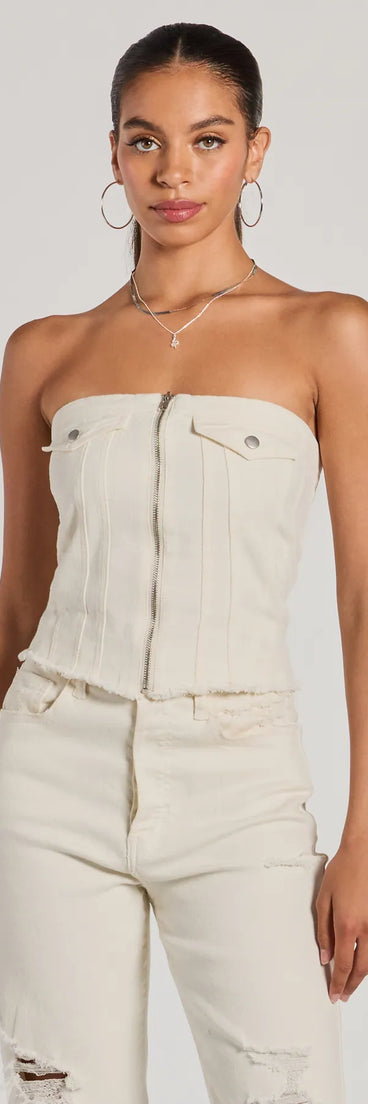 The Cutest Strapless Zip Front Denim Crop Top