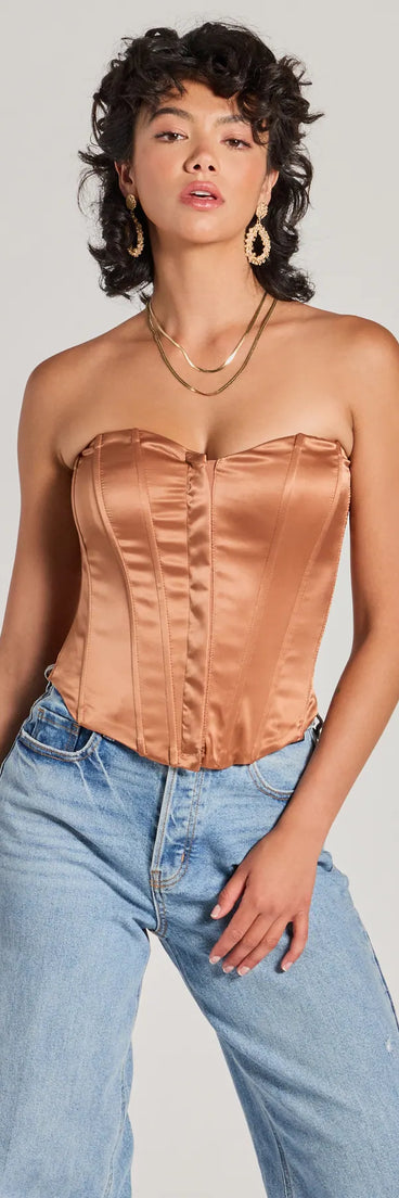 The Looking Fine Strapless Satin Corset Top in brown with a modern design and trendy look is part of the latest women's tops collection to elevate your 2025 wardrobe.