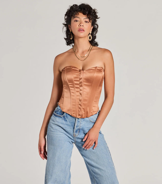 The Looking Fine Strapless Satin Corset Top in brown with a modern design and trendy look is part of the latest women's tops collection to elevate your 2025 wardrobe.