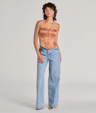 With its midriff cut and trend-forward fit, the Looking Fine Strapless Satin Corset Top is a brown crop top made to pair with skirts, denim, or whatever vibe you're feeling this season.