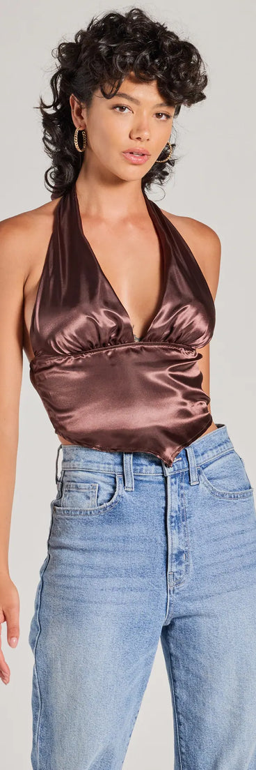 The Silky Sleek Satin Halter Crop Top in brown with a modern design and trendy look is part of the latest women's tops collection to elevate your 2025 wardrobe.