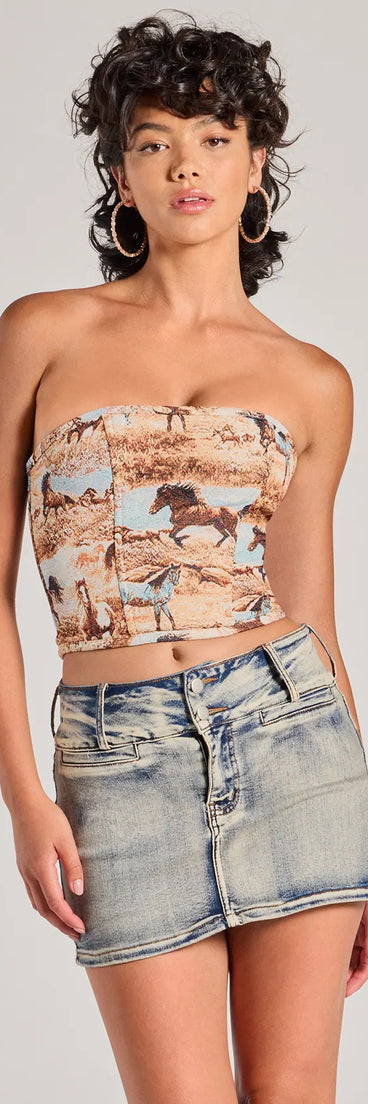 The waist-defining bodice style of the Western Chic Horse Tapestry Corset Top in a multi-color pallet is perfect for making a statement with your outfit and provides the structure, molded cups, or lace-up details that capture the corset trend