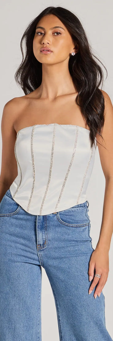Glitz It Up Rhinestone Trim Satin Strapless Corset Top
