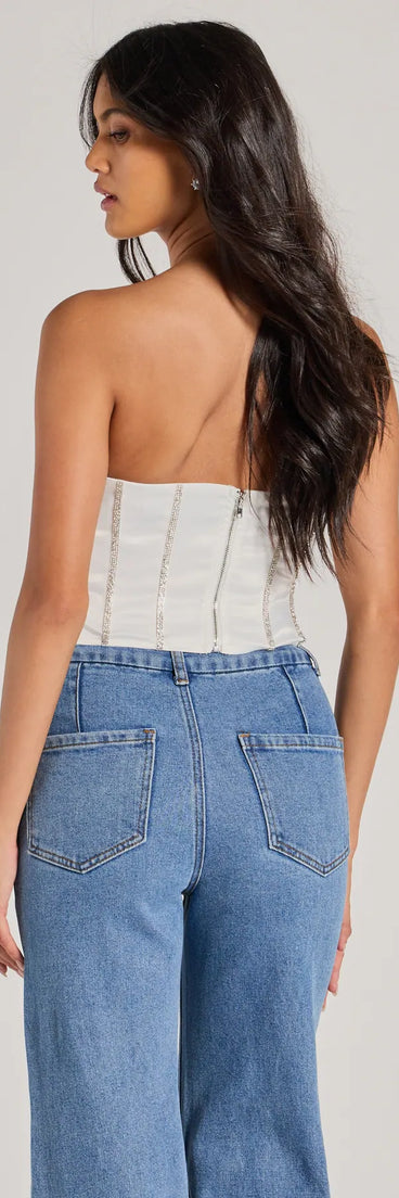 Glitz It Up Rhinestone Trim Satin Strapless Corset Top
