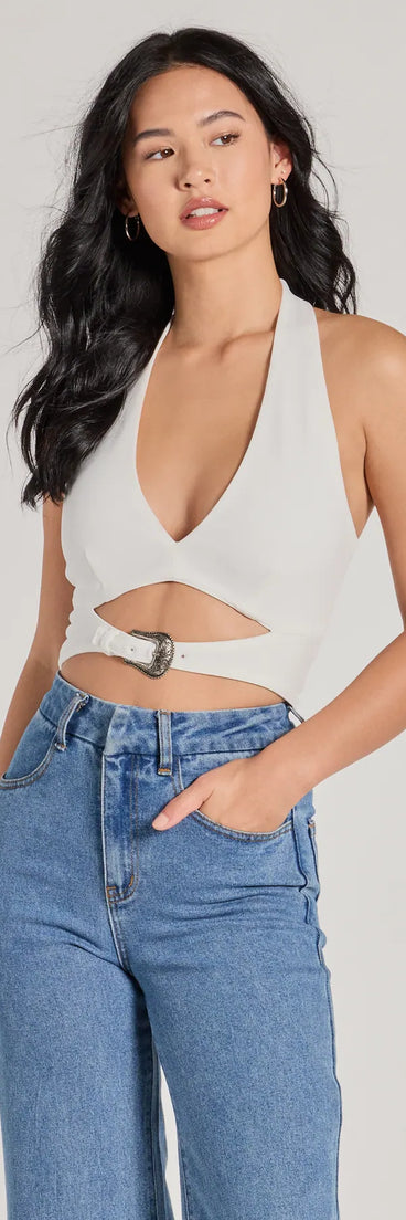The Edgy Vibe Buckle Detail Halter Crop Top in ivory with a modern design and trendy look is part of the latest women's tops collection to elevate your 2025 wardrobe.