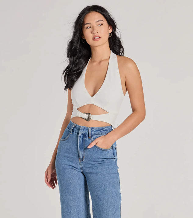 The Edgy Vibe Buckle Detail Halter Crop Top in ivory with a modern design and trendy look is part of the latest women's tops collection to elevate your 2025 wardrobe.