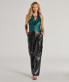 Get ready for any event with the Feelin' Sleek Satin Halter Cowl Neck Top in emerald, an essential start to creating a versatile outfits for parties, cocktail hours, or date nights.