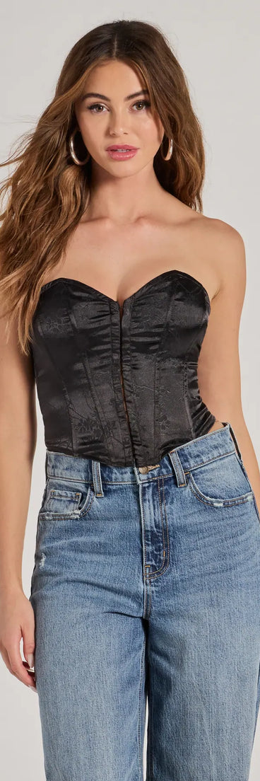The Sexy Allure Floral Jacquard Satin Corset Top in black with a modern design and trendy look is part of the latest women's tops collection to elevate your 2025 wardrobe.