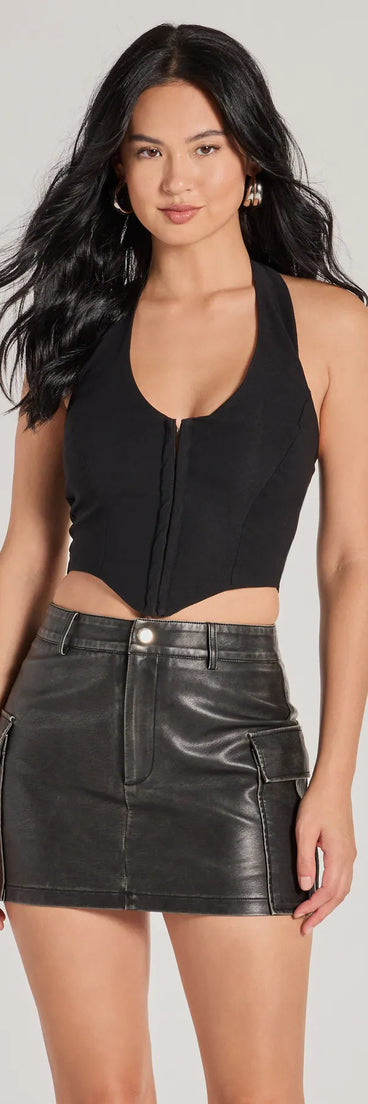 The Edgy Chic Cropped Corset Halter Top in black with a modern design and trendy look is part of the latest women's tops collection to elevate your 2025 wardrobe.