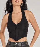 With its midriff cut and trend-forward fit, the Edgy Chic Cropped Corset Halter Top is a black crop top made to pair with skirts, denim, or whatever vibe you're feeling this season.