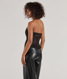 The party-ready Queen Of Midnight Lace Corset Top is a brown going-out top showcasing a seasonal color and modern silhouette to create outfits for date nights, cocktail parties, or clubwear.