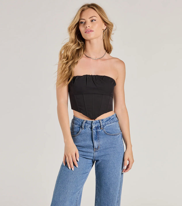 The Corset With The Program Strapless Crop Top in black with a modern design and trendy look is part of the latest women's tops collection to elevate your 2025 wardrobe.