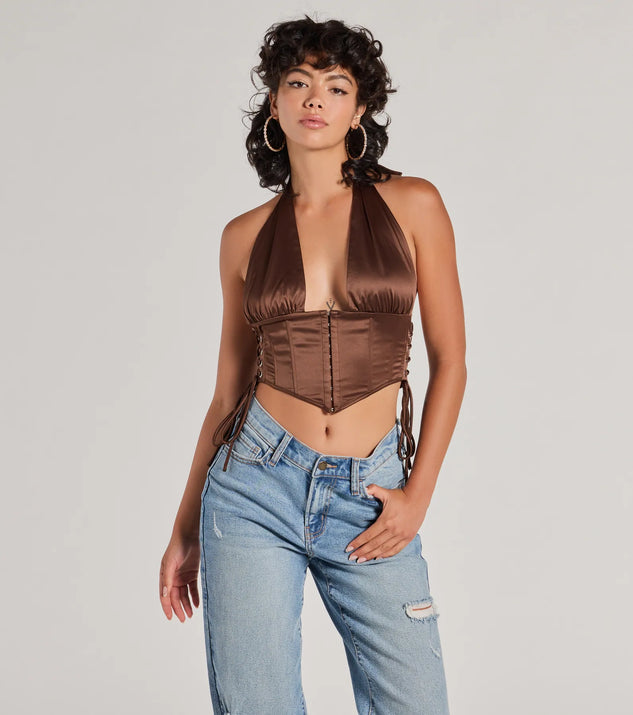 入荷通知 アプリ おすすめ Cropped Halter Satin Luxe Edgy Corset Windsor | Top トップス
