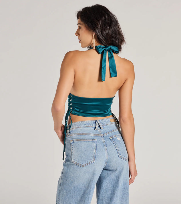 Edgy Luxe Satin Halter Cropped Corset Top | Windsor