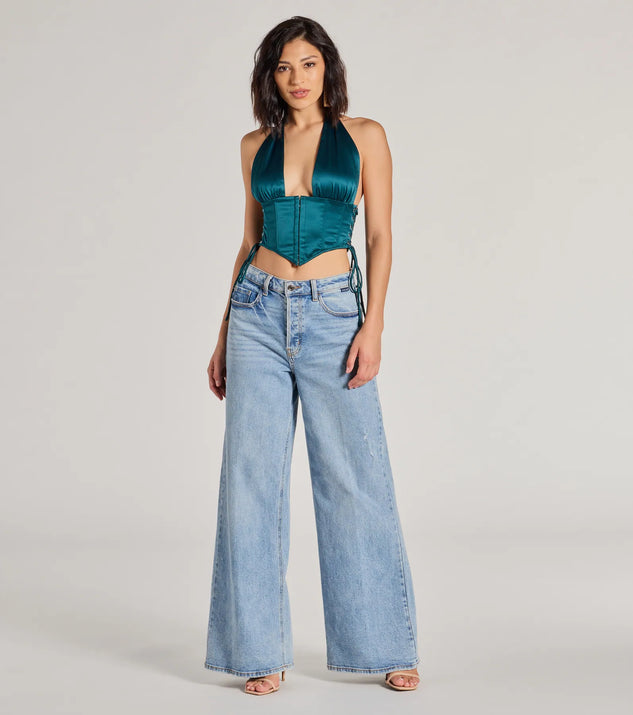 Edgy Luxe Satin Halter Cropped Corset Top | Windsor