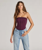 The Chic And Snatched Strapless Lace Trim Corset Top in plum with a modern design and trendy look is part of the latest women's tops collection to elevate your 2025 wardrobe.