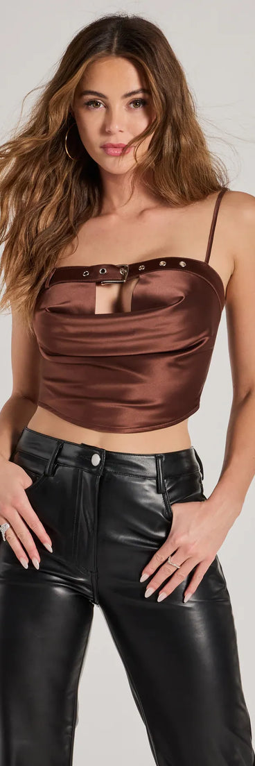 The Trend Factor Buckle Trim Satin Crop Top in brown with a modern design and trendy look is part of the latest women's tops collection to elevate your 2025 wardrobe.