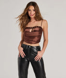 The Trend Factor Buckle Trim Satin Crop Top in brown with a modern design and trendy look is part of the latest women's tops collection to elevate your 2025 wardrobe.