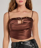 The Trend Factor Buckle Trim Satin Crop Top in brown with a modern design and trendy look is part of the latest women's tops collection to elevate your 2025 wardrobe.
