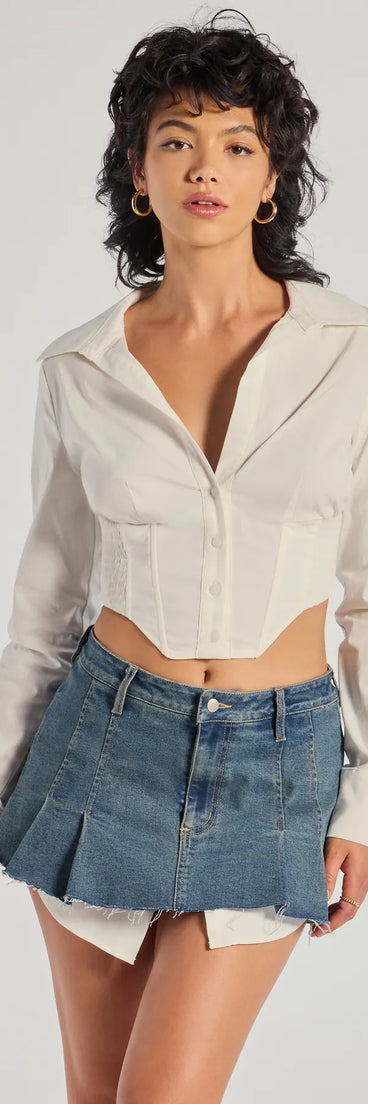 The Chic Structure Long Sleeve Cropped Corset Top in white with a modern design and trendy look is part of the latest women's tops collection to elevate your 2025 wardrobe.