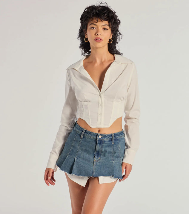 The Chic Structure Long Sleeve Cropped Corset Top in white with a modern design and trendy look is part of the latest women's tops collection to elevate your 2025 wardrobe.