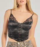 The Chic And Sultry Lace Trim Satin Corset Top in black with a modern design and trendy look is part of the latest women's tops collection to elevate your 2025 wardrobe.