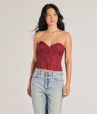 The Chic Status Brocade Satin Strapless Corset Top in burgundy with a modern design and trendy look is part of the latest women's tops collection to elevate your 2025 wardrobe.