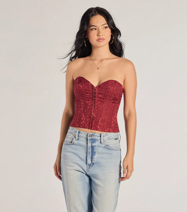 The Chic Status Brocade Satin Strapless Corset Top in burgundy with a modern design and trendy look is part of the latest women's tops collection to elevate your 2025 wardrobe.