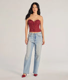 The Chic Status Brocade Satin Strapless Corset Top in burgundy with a modern design and trendy look is part of the latest women's tops collection to elevate your 2025 wardrobe.