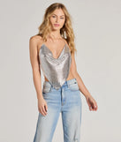 Elevate your holiday style with the Go For Glitz Rhinestone Chainmail Hanky Top a chic women's silver sequin top featuring shimmering sequins and a party-ready silhouette ideal for sparkly holiday outfits or New Year's Eve attire.