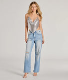 Elevate your holiday style with the Go For Glitz Rhinestone Chainmail Hanky Top a chic women's silver sequin top featuring shimmering sequins and a party-ready silhouette ideal for sparkly holiday outfits or New Year's Eve attire.