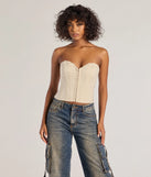 The Chic Status Brocade Satin Strapless Corset Top in beige with a modern design and trendy look is part of the latest women's tops collection to elevate your 2025 wardrobe.