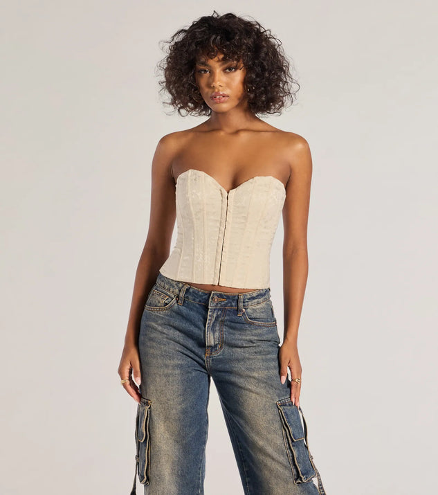 The Chic Status Brocade Satin Strapless Corset Top in beige with a modern design and trendy look is part of the latest women's tops collection to elevate your 2025 wardrobe.