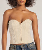 The Chic Status Brocade Satin Strapless Corset Top in beige with a modern design and trendy look is part of the latest women's tops collection to elevate your 2025 wardrobe.