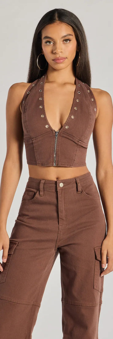 Absolute Edge Halter Grommet Zip-Up Crop Top | Windsor