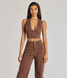 The Absolute Edge Halter Grommet Zip-Up Crop Top in brown with a modern design and trendy look is part of the latest women's tops collection to elevate your 2025 wardrobe.