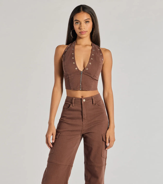 The Absolute Edge Halter Grommet Zip-Up Crop Top in brown with a modern design and trendy look is part of the latest women's tops collection to elevate your 2025 wardrobe.