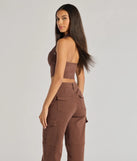 Effortlessly create party outfits or vacation-ready looks with the Absolute Edge Halter Grommet Zip-Up Crop Top, one part of a versatile women's brown matching set perfect for quick and easy outfit combinations from layering chic outfits to transitioning your look seamlessly.