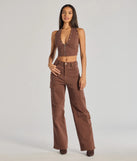 Serve effortless style and scroll-stopping energy in the Absolute Edge Halter Grommet Zip-Up Crop Top, part of a brown matching clothing set that does the work for you with bold, polished vibes from top to bottom.