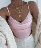 Stay on-trend this season with the Sultry Night-Out Lace Trim Mesh Bustier Top in pink, a must-have for creating stylish and effortless spring outfits for women.
