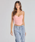 Stay on-trend this season with the Sultry Night-Out Lace Trim Mesh Bustier Top in pink, a must-have for creating stylish and effortless spring outfits for women.