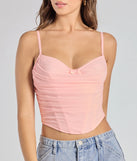 Stay on-trend this season with the Sultry Night-Out Lace Trim Mesh Bustier Top in pink, a must-have for creating stylish and effortless spring outfits for women.