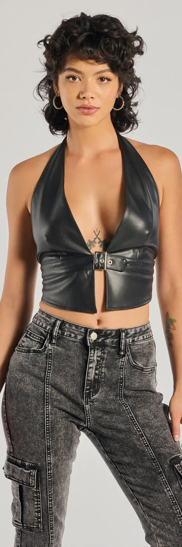 The Sultry Muse Buckle Strap Faux Leather Crop Top in black with a modern design and trendy look is part of the latest women's tops collection to elevate your 2025 wardrobe.