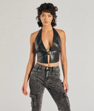 The Sultry Muse Buckle Strap Faux Leather Crop Top in black with a modern design and trendy look is part of the latest women's tops collection to elevate your 2025 wardrobe.