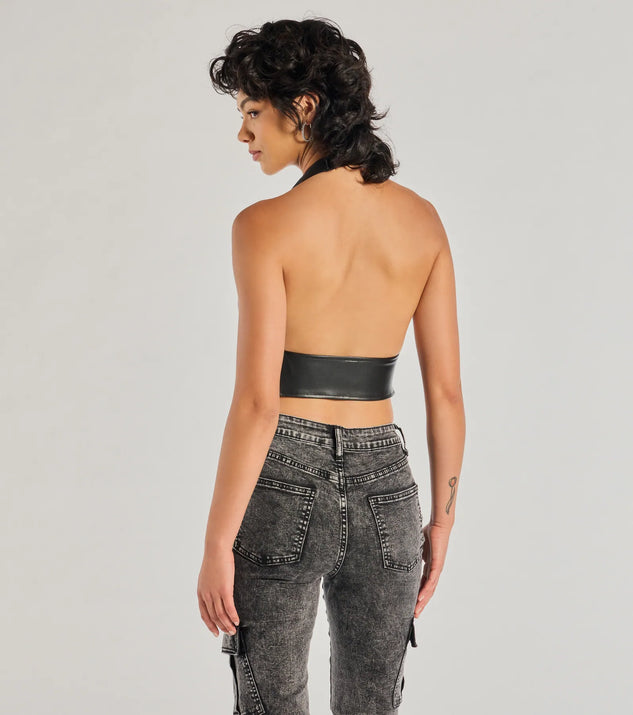 Sultry Muse Buckle Strap Faux Leather Crop Top