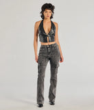 The Sultry Muse Buckle Strap Faux Leather Crop Top in black with a modern design and trendy look is part of the latest women's tops collection to elevate your 2025 wardrobe.