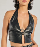 The Sultry Muse Buckle Strap Faux Leather Crop Top in black with a modern design and trendy look is part of the latest women's tops collection to elevate your 2025 wardrobe.